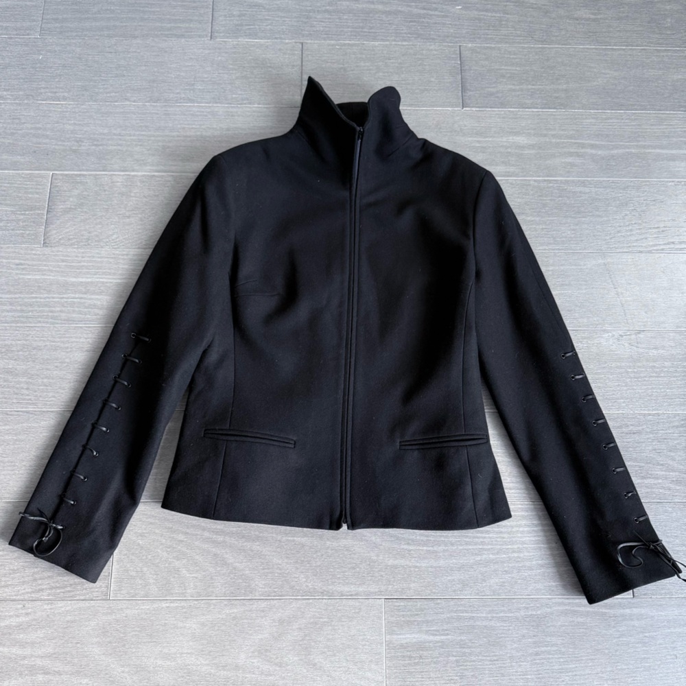 TOMASO Stefanelli Black Wool Cashmere Peacoat Lace-Up Sleeve Designer Jacket M - Picture 14 of 16